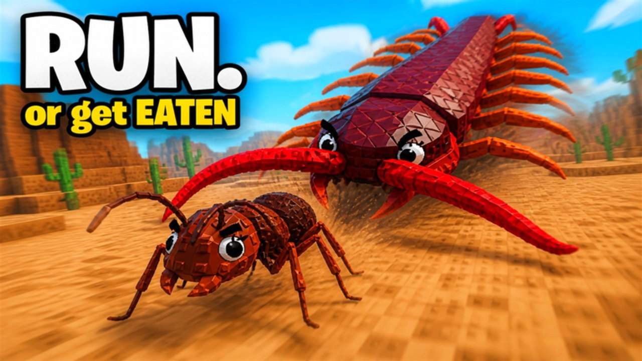 A brown ant sprints across a desert biome while a giant red centipede lunges in Evolve & Survive on Roblox